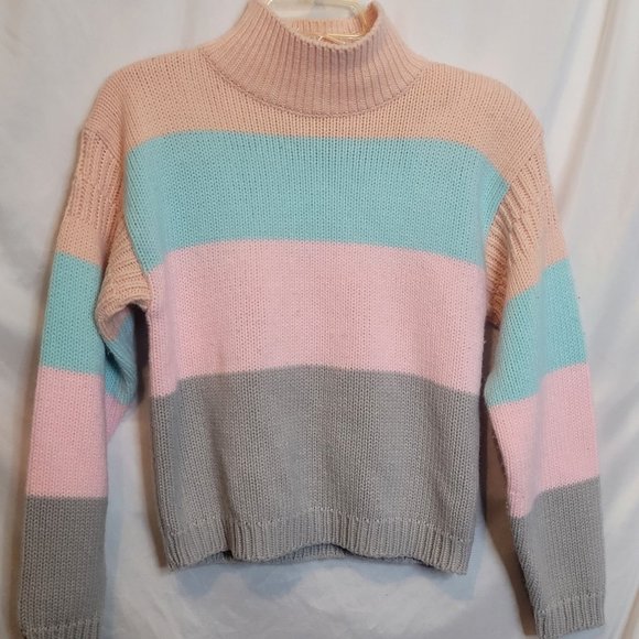 Vintage Pastel Stripe Sweater 80s Retro Shoulder Pads Size Small WORDS - Picture 1 of 8
